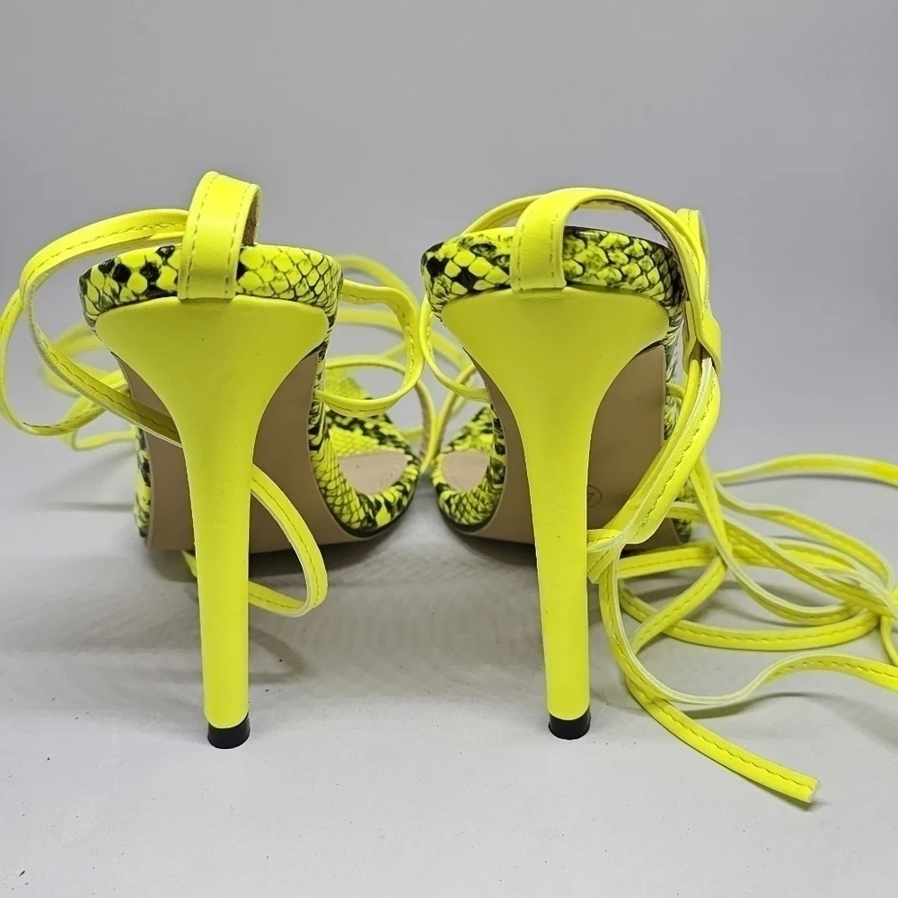 Women's Yellow Snake Print Stiletto 4' Heels Sandals